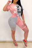 Pink Fashion Casual Letter Print Ripped Patchwork O Neck Short Sleeve Two Pieces
