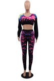 Black Casual Print Patchwork V Neck Long Sleeve Two Pieces