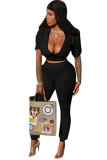 Black Polyester Zipper Fly Short Sleeve Solid pencil Pants Two-piece suit