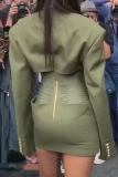 Army Green Street Solid Split Joint Turndown Collar Wrapped Skirt Dresses