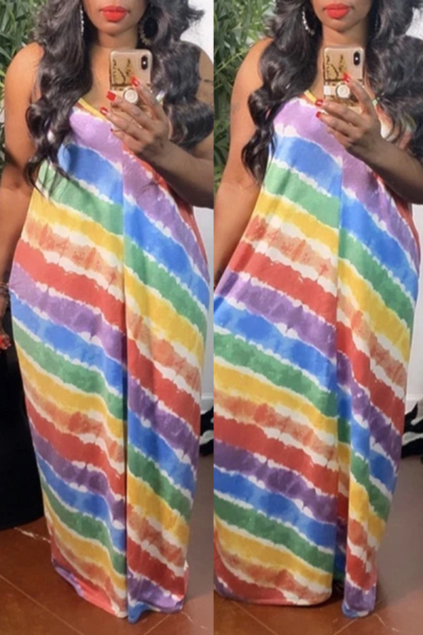 Colour Fashion Sexy Print Backless Spaghetti Strap Sleeveless Dress