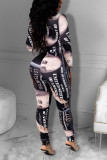 Black Sexy Print V Neck Long Sleeve Two Pieces