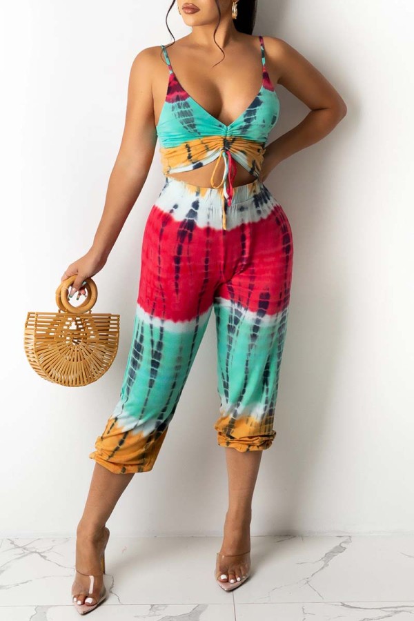 Red Blue Sexy Casual Print Tie Dye Hollowed Out Backless V Neck Regular Jumpsuits