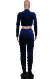 Blue Fashion Sexy Flocking Solid Fold V Neck Long Sleeve Regular Sleeve Short Two Pieces