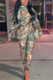 Multicolor Fashion Sexy Print See-through O Neck Long Sleeve Two Pieces