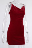 Burgundy Sexy Gradual Change Patchwork Backless Fold Spaghetti Strap Straight Dresses