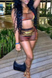 Dark Brown Fashion Sexy Solid See-through Backless Strap Design Spaghetti Strap Sleeveless Two Pieces