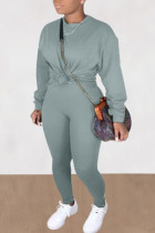 Gray Blue Casual Solid O Neck Long Sleeve Two Pieces