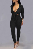 Black Fashion street Solid Long Sleeve V Neck Jumpsuits
