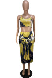 Yellow Polyester Sexy Fashion asymmetrical Print crop top Bandage Two Piece Suits Skinny Two-Piece Dress