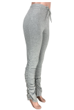 Grey Button Fly Sleeveless High Patchwork Split Solid Draped Boot Cut Pants