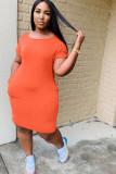 Orange Polyester Fashion Casual adult Ma'am White Black Orange Sky Blue Cap Sleeve Short Sleeves O neck Step Skirt Knee-Length Solid Dresses