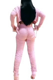 Pink Sexy Polyester Solid Split Joint Fold O Neck Long Sleeve Regular Sleeve Short Two Pieces