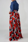 Red Fashion Casual Print Patchwork Turndown Collar Long Sleeve Dresses