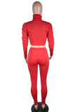 Red Casual Sportswear Solid Turtleneck Long Sleeve Pile Up Sleeves Regular Two Pieces