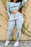 Grey Sportswear Letter O Neck Long Sleeve Two Pieces