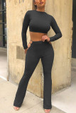 Black Work Daily Solid O Neck Long Sleeve Two Pieces