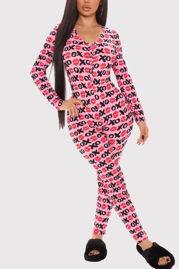 Pink Casual Living Print Patchwork V Neck Regular Jumpsuits
