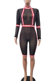 Red Sexy Patchwork See-through Half A Turtleneck Skinny Rompers