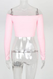 White Red Black Blue Pink Orange One word collar Long Sleeve Solid Tops