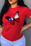 Red Casual Print Patchwork O Neck T-Shirts