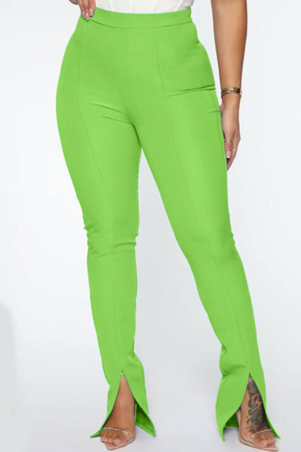 Green Casual Solid Slit Boot Cut Mid Waist Speaker Bottoms