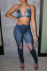 Deep Blue Fashion Sexy Print Backless Strap Design Sleeveless Two Pieces