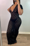 Blue Sexy Solid Patchwork V Neck Pencil Skirt Dresses