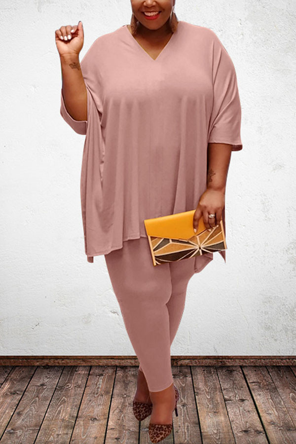 Pink Polyester Sexy O Neck Solid Plus Size