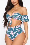 Yellow Sexy Print Backless Flounce Swimwears