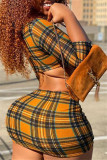 Orange Fashion Sexy Print Basic O Neck Long Sleeve Two Pieces