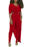Red Elegant Solid Hollowed Out Split Joint O Neck Half Sleeve Two Pieces