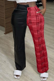 Grey Fashion Casual Plaid Print Mid WaistPatchwork Trousers