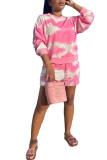 Pink Polyester Fashion adult Ma'am Lightly cooked Print Tie Dye Two Piece Suits Loose Long Sleeve Two Pieces