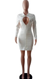 White Sexy Cap Sleeve Long Sleeves Turndown Collar Step Skirt Knee-Length asymmetrical hollow ou