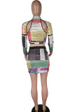 Multi-color venetian Street Print Two Piece Suits Letter HOLLOWED OUT pencil Long Sleeve