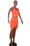 Coffee Sexy Casual Solid Asymmetrical V Neck Sleeveless Two Pieces