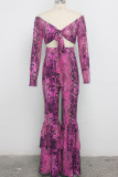 purple Polyester Sexy Print Patchwork Two Piece Suits Boot Cut Long Sleeve Two-piece Pants Set