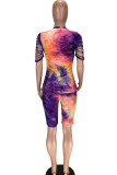 purple Polyester Fashion Sexy adult Ma'am Print Burn-out Two Piece Suits pencil Short Sleeve Two Pieces