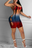 Red Fashion Sexy Print Hollowed Out Backless Spaghetti Strap Skinny Romper