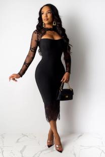 Black Polyester adult Sexy Fashion Cap Sleeve Long Sleeves Half-Open collar Step Skirt Knee-Length lace ho