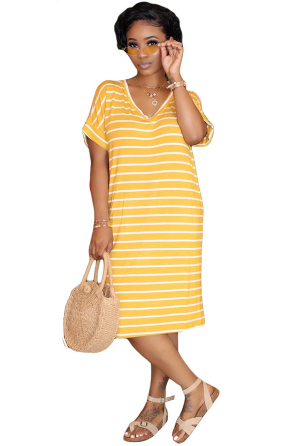Yellow Polyester Sweet Fashion adult Cap Sleeve Short Sleeves O neck Step Skirt Knee-Length Striped Patchwo