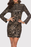 Gold Fashion Sexy Embroidery Sequins Patchwork Half A Turtleneck Long Sleeve Dresses