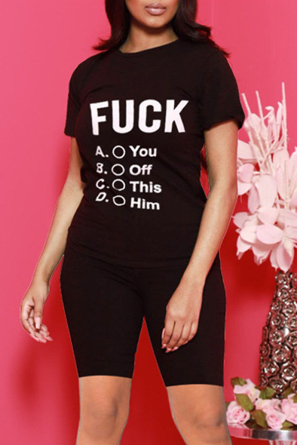 Black Fashion Casual Letter Print Basic O Neck Short Sleeve Two Pieces