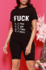 Black Fashion Casual Letter Print Basic O Neck Short Sleeve Two Pieces