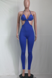 Pink Sexy Solid Hollowed Out Halter Skinny Jumpsuits