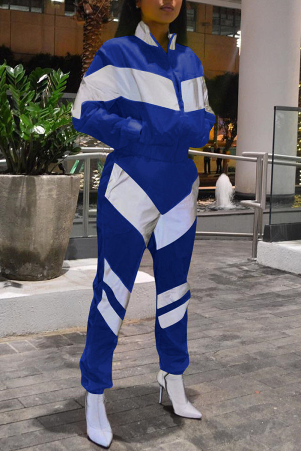 Royal Blue Casual Sportswear Patchwork Basic Zipper Collar Long Sleeve Two Pieces