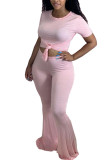 Pink Polyester Fashion Sexy adult Ma'am Solid Two Piece Suits Boot Cut Short Sleeve Two Pieces