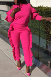 Rose Red Casual Solid Patchwork O Neck Long Sleeve Two Pieces