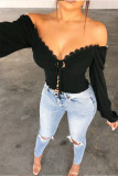White V Neck Long Sleeve Patchwork crop top Solid